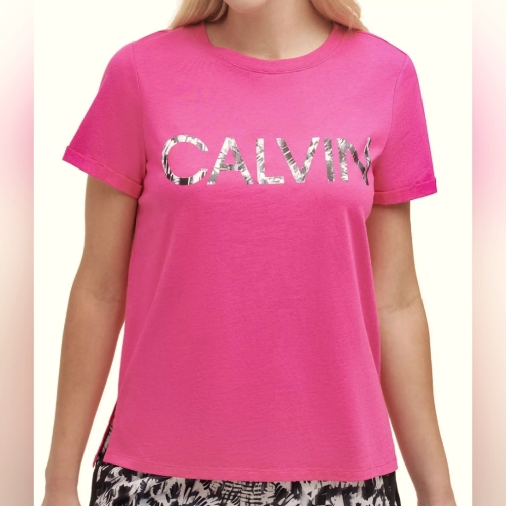 Calvin Klein Women's Soft Crew Neck Rolled Sleeve Graphic Logo T-shirt Pink